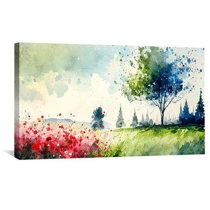 Vibrant Landscape Oil Painting of Meandering Meadows and Lush Greenery