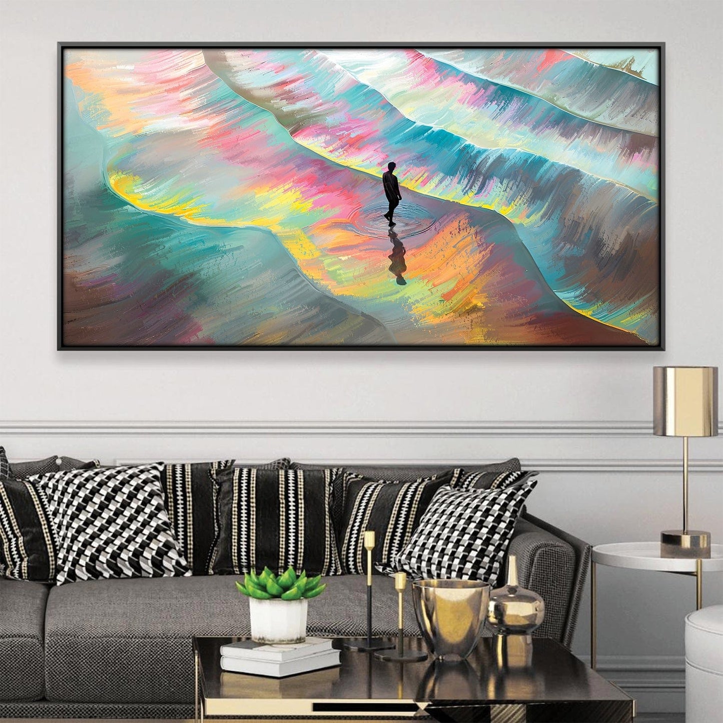 Vibrant Spectrum Waves Oil Painting for Modern Home Decor