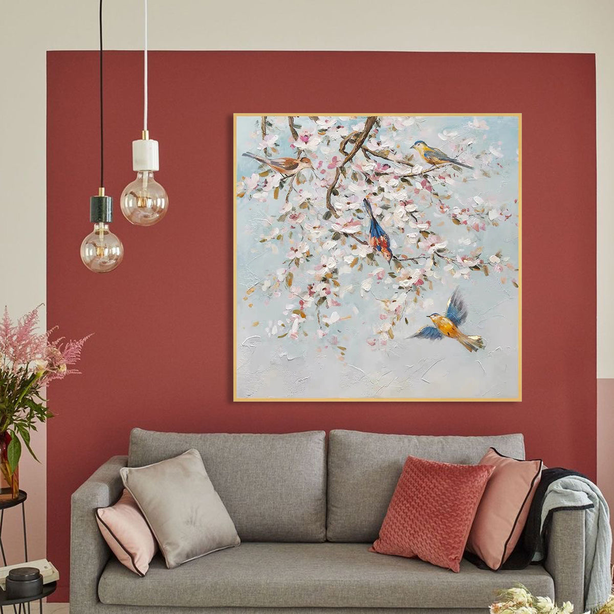 Serene Bluebirds Among Blossoms - Vibrant Floral Oil Painting for Home Decor