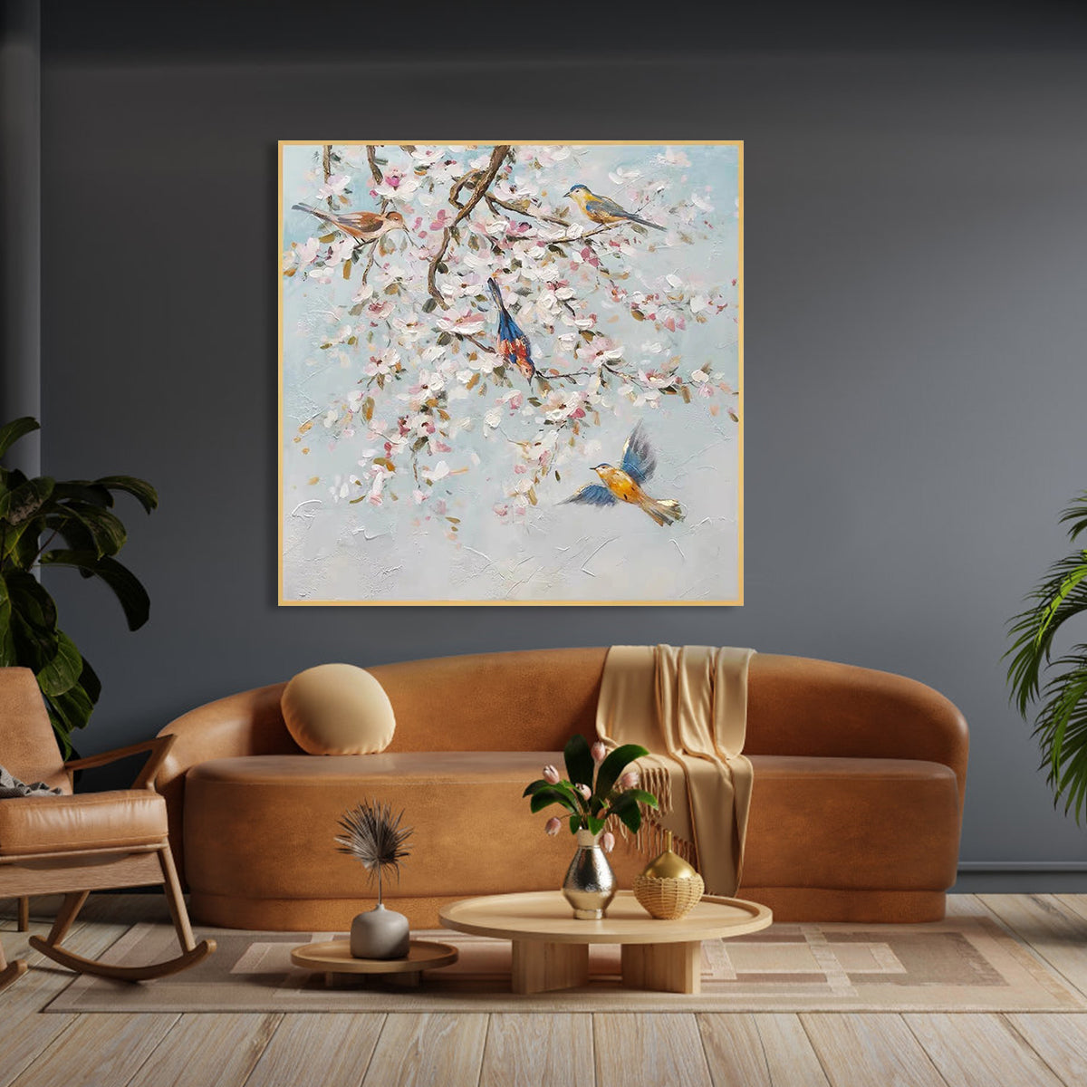 Serene Bluebirds Among Blossoms - Vibrant Floral Oil Painting for Home Decor