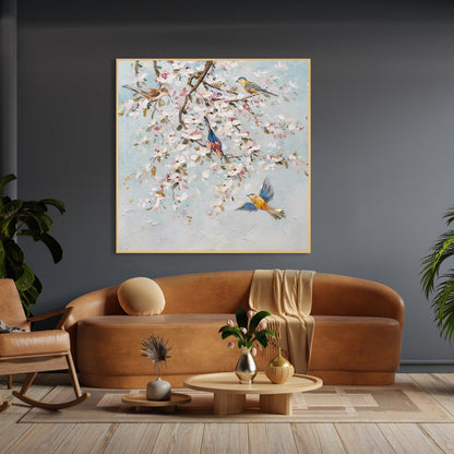Serene Bluebirds Among Blossoms - Vibrant Floral Oil Painting for Home Decor