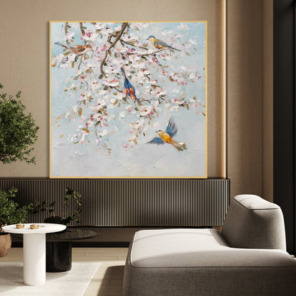 Serene Bluebirds Among Blossoms - Vibrant Floral Oil Painting for Home Decor