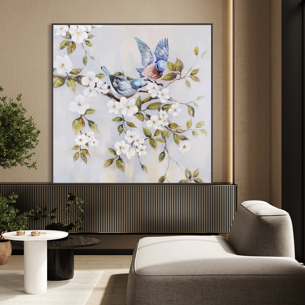 Serene Bluebirds Among Blossoms - Vibrant Floral Oil Painting for Home Decor