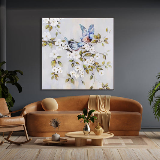 Serene Bluebirds Among Blossoms - Vibrant Floral Oil Painting for Home Decor