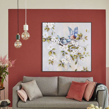 Serene Bluebirds Among Blossoms - Vibrant Floral Oil Painting for Home Decor