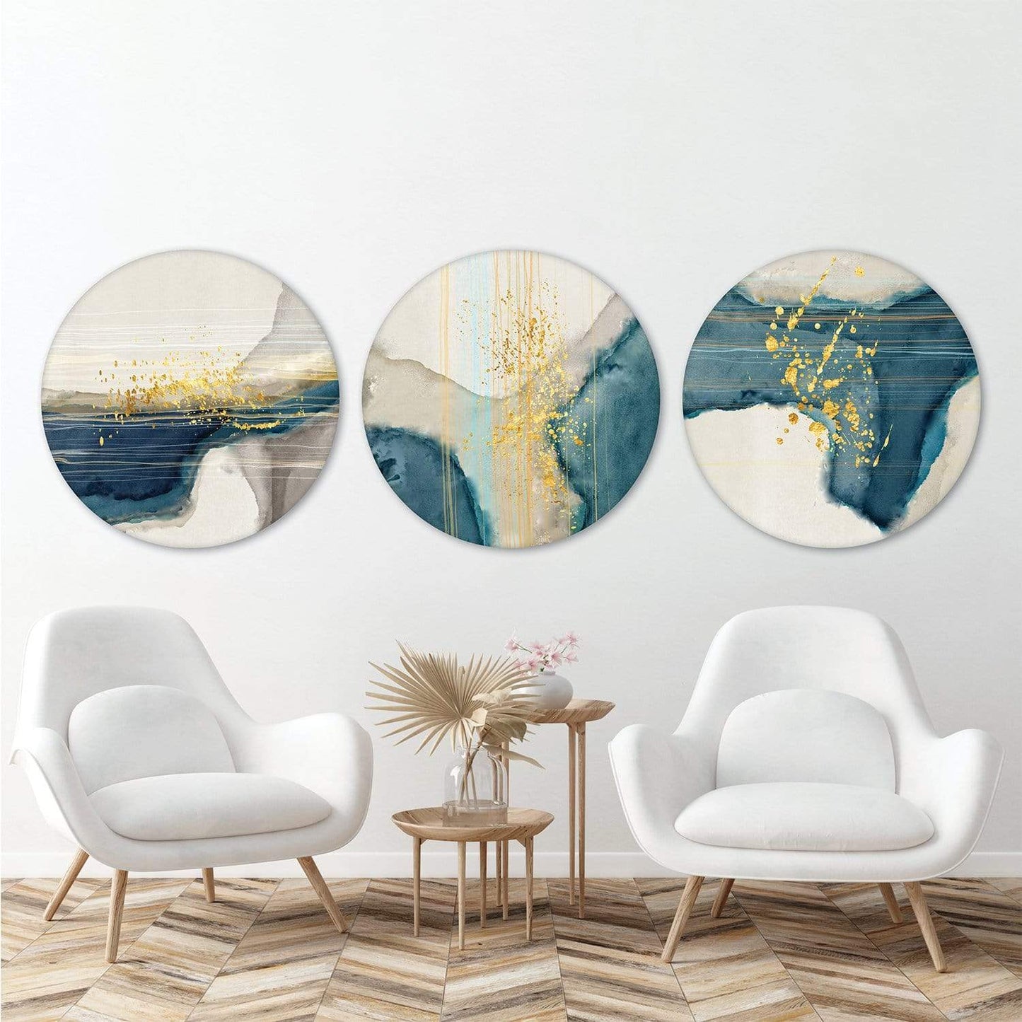 Tranquil Blue and Gold Abstract Oil Painting - Modern Circular Wall Art