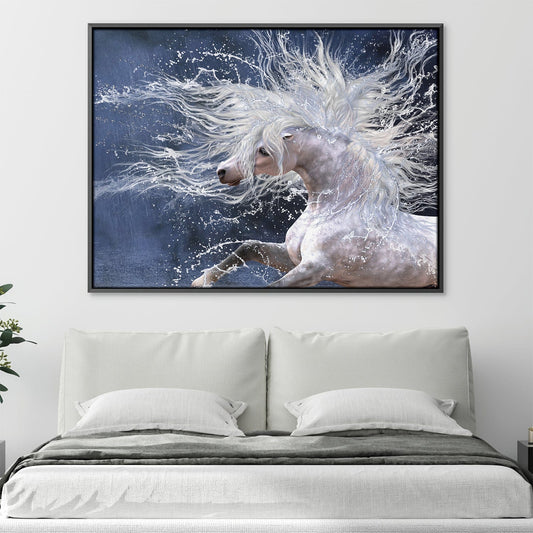 Majestic White Horse Splashing Through Water - Stunning Oil Painting for Home Décor