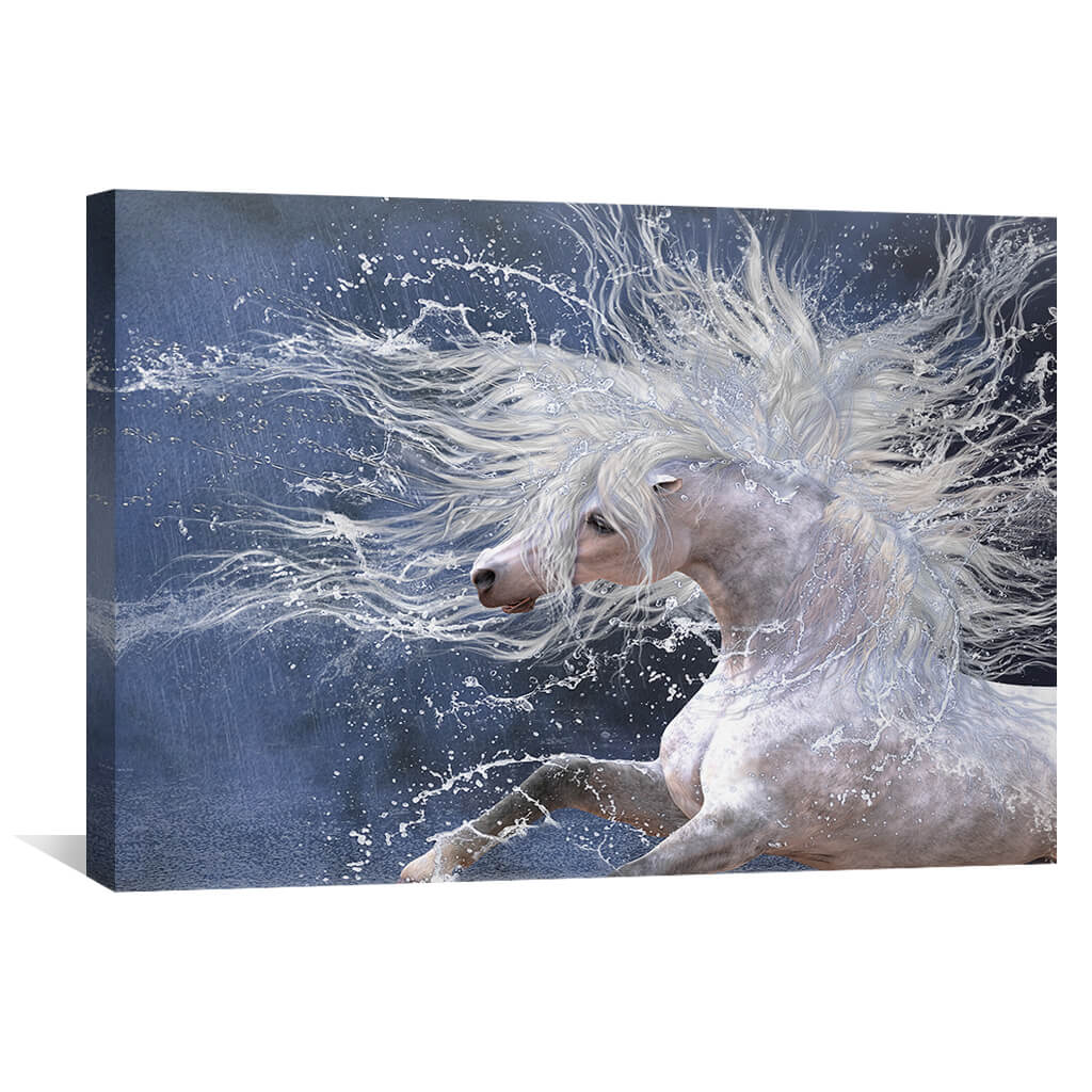 Majestic White Horse Splashing Through Water - Stunning Oil Painting for Home Décor