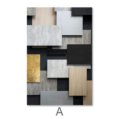 Modern Abstract Geometric Oil Painting in Black, Gold, and Gray Tones for Chic Decor