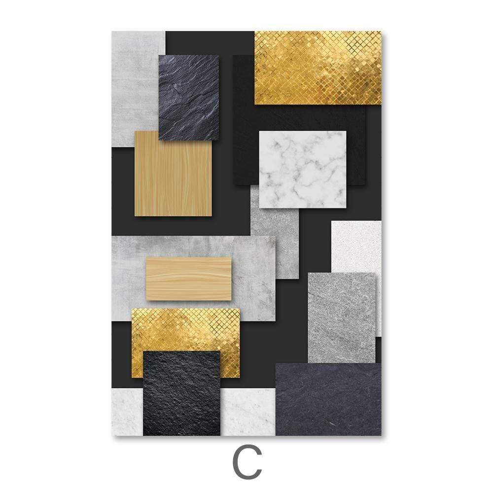 Modern Abstract Geometric Oil Painting in Black, Gold, and Gray Tones for Chic Decor