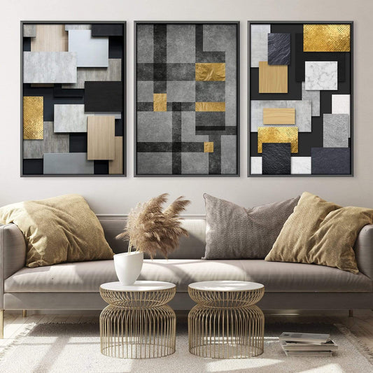 Modern Abstract Geometric Oil Painting in Black, Gold, and Gray Tones for Chic Decor