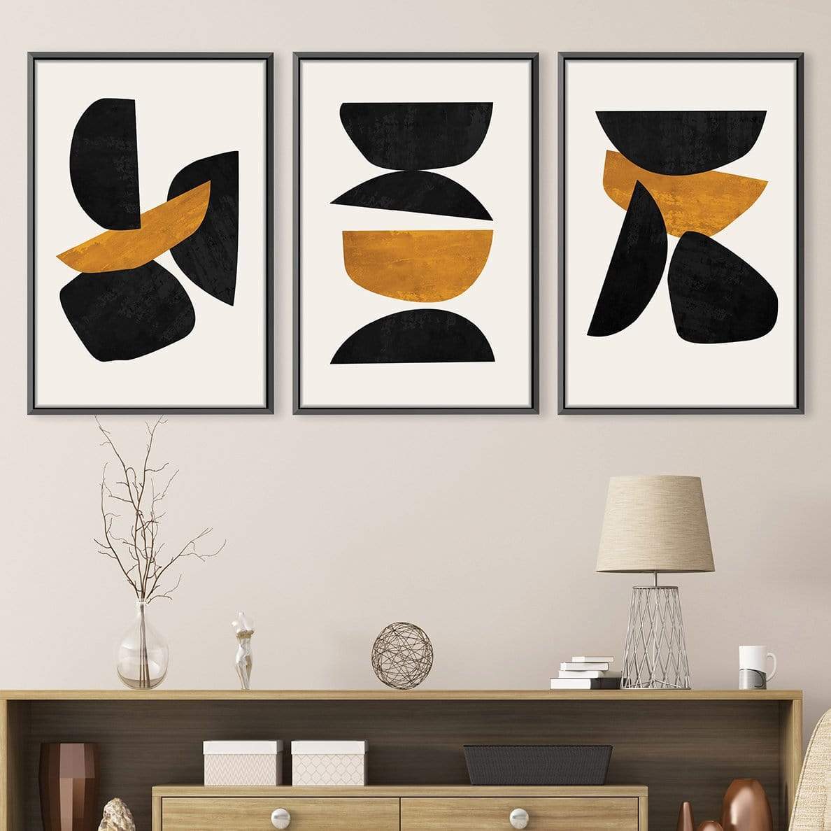 Abstract Black and Gold Shapes Oil Painting for Modern Home Decor