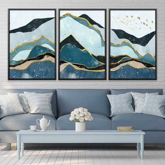 Serene Mountain Landscape Oil Painting with Gold Accents