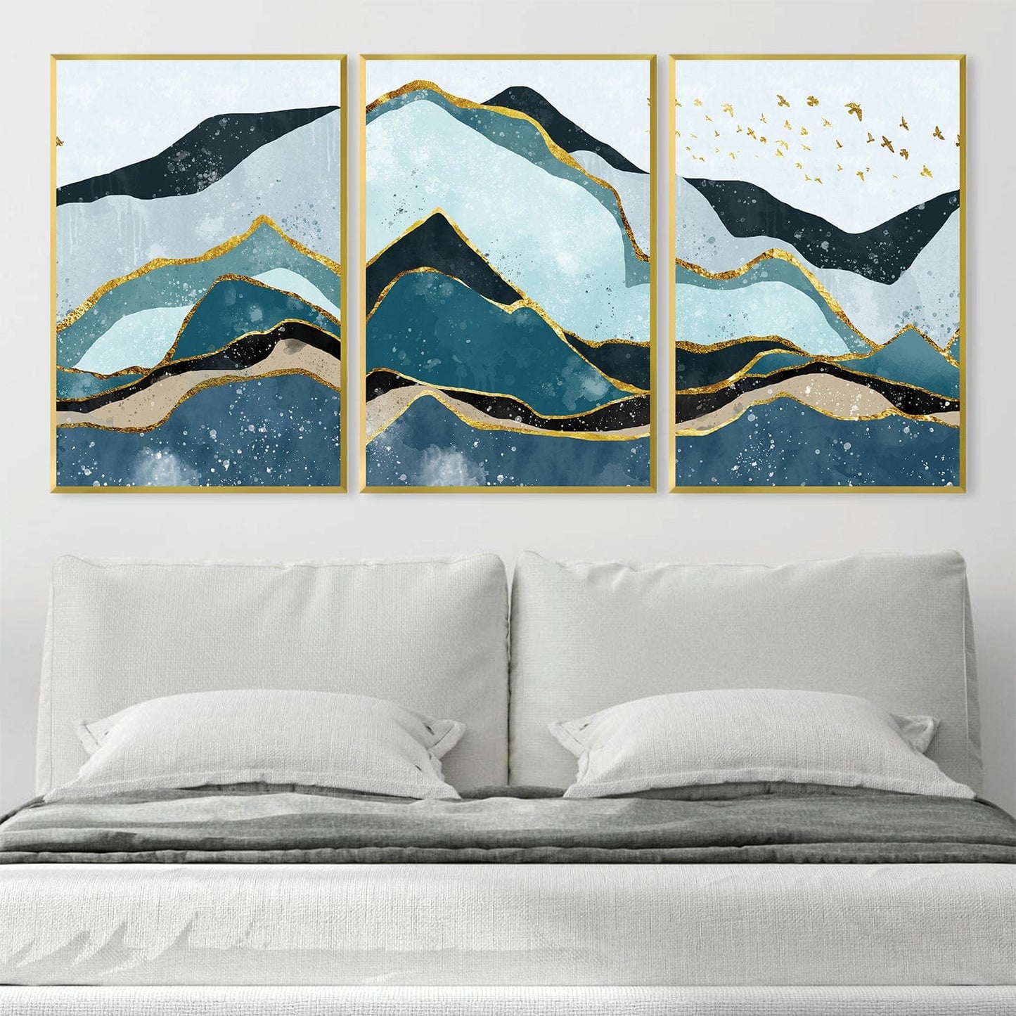 Serene Mountain Landscape Oil Painting with Gold Accents