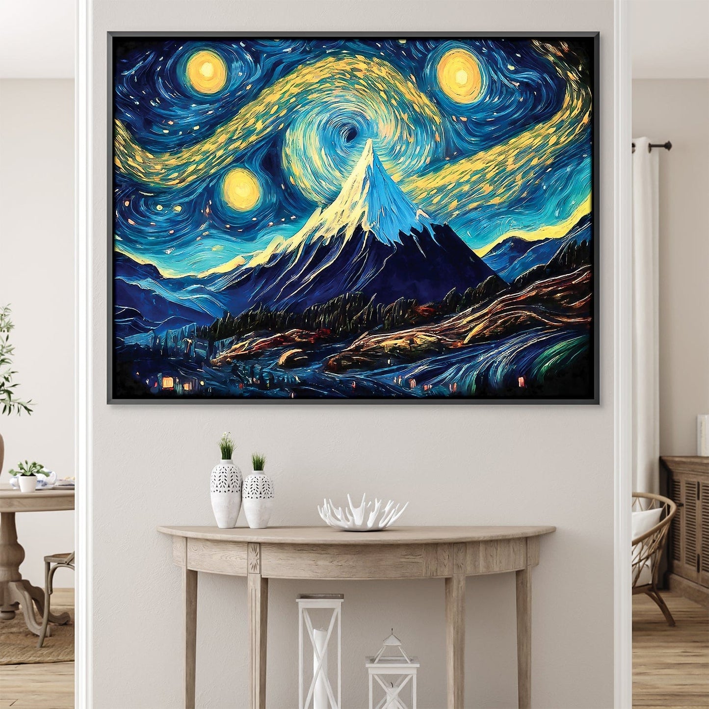 Enchanting Starry Night Mountain Landscape Oil Painting for Home Decor