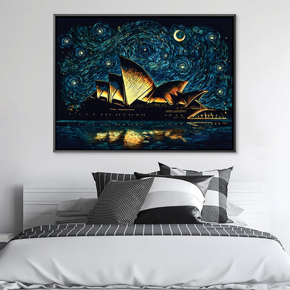 Starry Night Over Opera House - Vibrant Oil Painting for Modern Decor