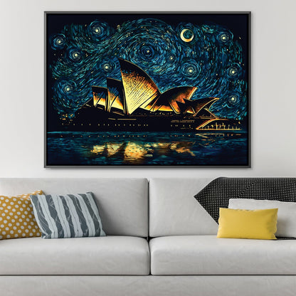 Starry Night Over Opera House - Vibrant Oil Painting for Modern Decor