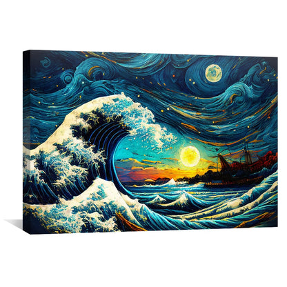 Vibrant Starry Wave Oil Painting - Captivating Ocean Sunset Decor