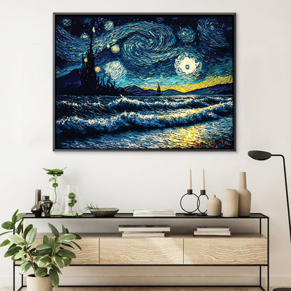Vibrant Starry Night Oil Painting with Waves and Moonlight