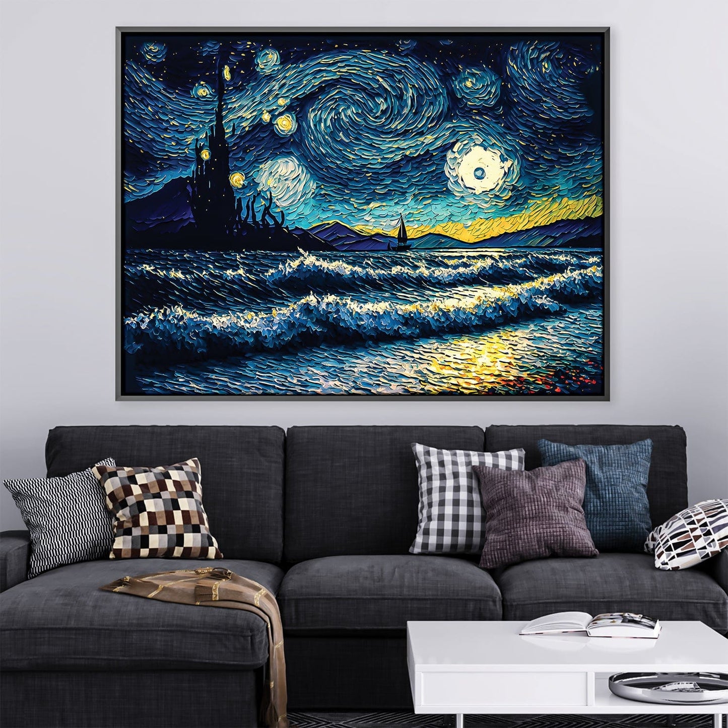 Vibrant Starry Night Oil Painting with Waves and Moonlight