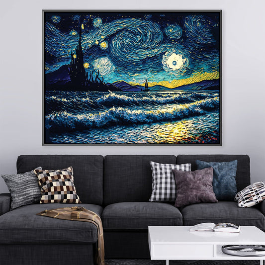 Vibrant Starry Night Oil Painting with Waves and Moonlight