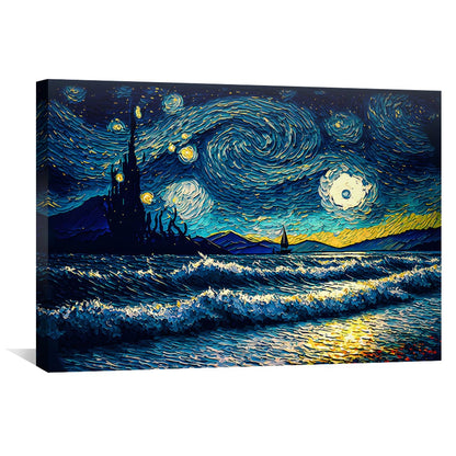 Vibrant Starry Night Oil Painting with Waves and Moonlight
