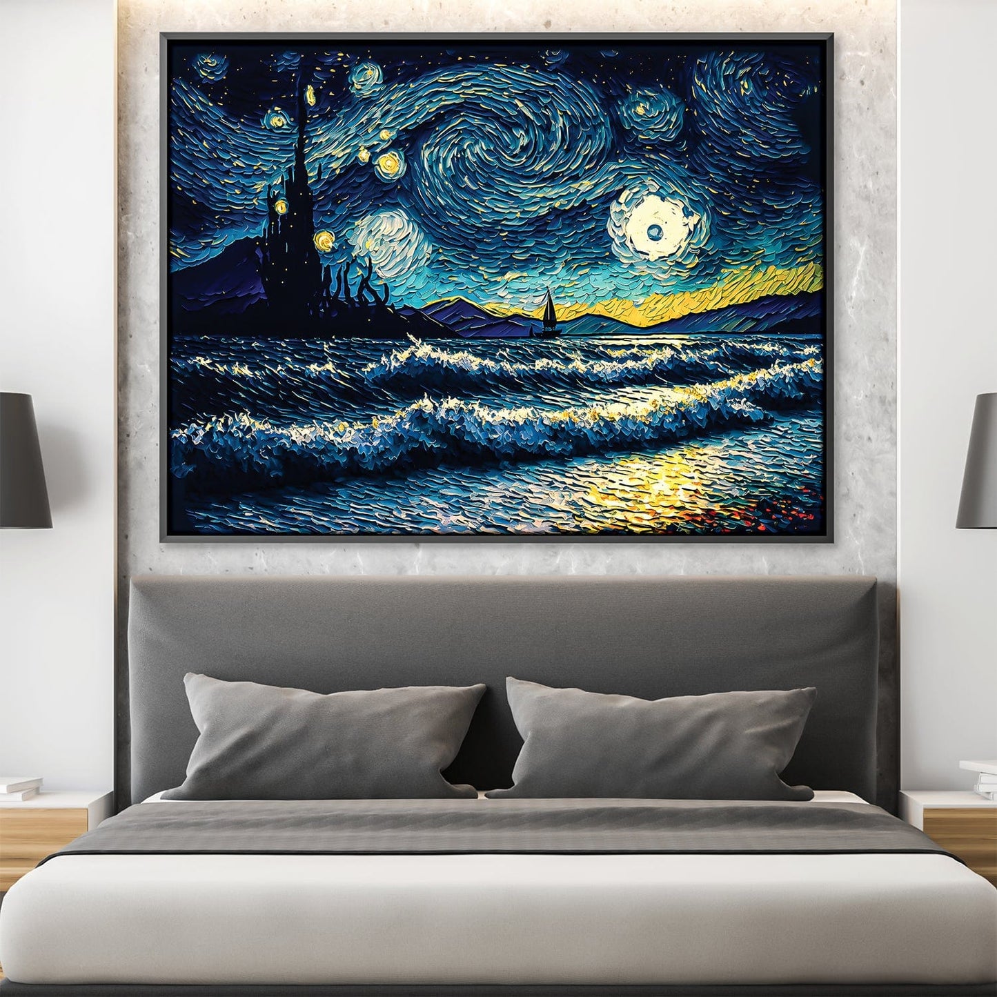 Vibrant Starry Night Oil Painting with Waves and Moonlight