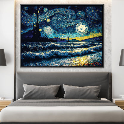 Vibrant Starry Night Oil Painting with Waves and Moonlight