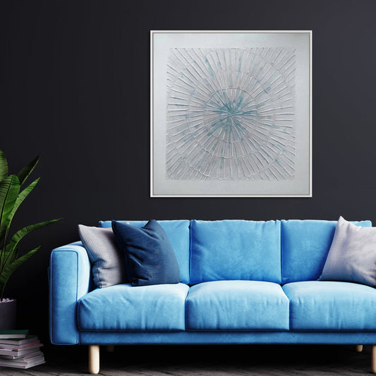 Elegant Abstract Oil Painting of Fireworks in Soft Blue and White Tones
