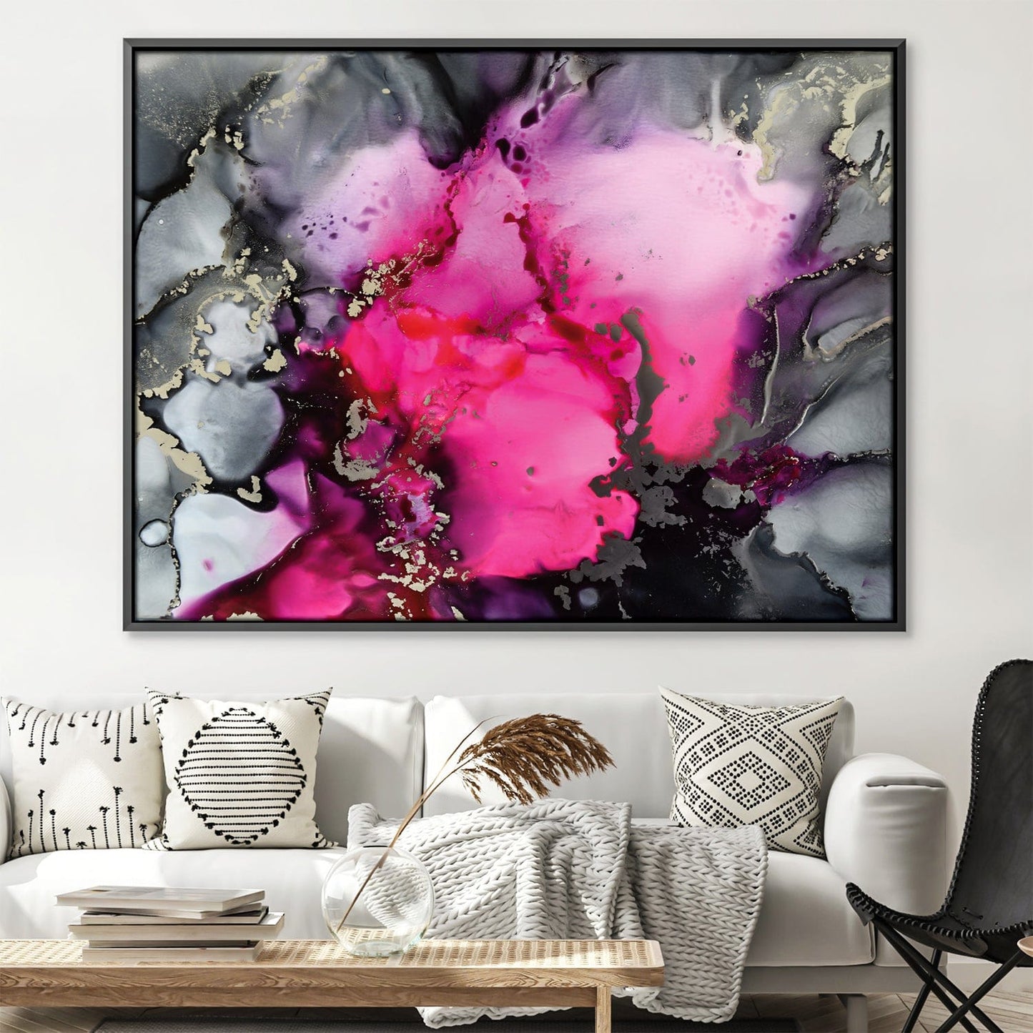 Vibrant Abstract Oil Painting with Pink and Grey Swirls