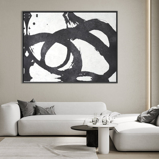 Abstract Black and White Circles Oil Painting for Modern Home Decor