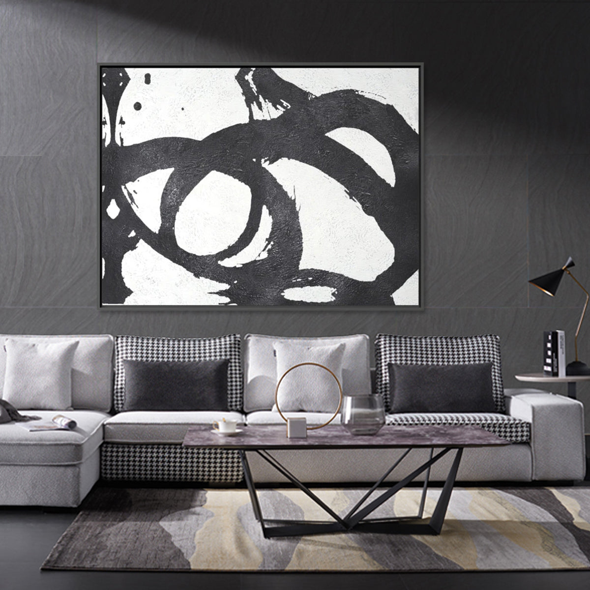 Abstract Black and White Circles Oil Painting for Modern Home Decor