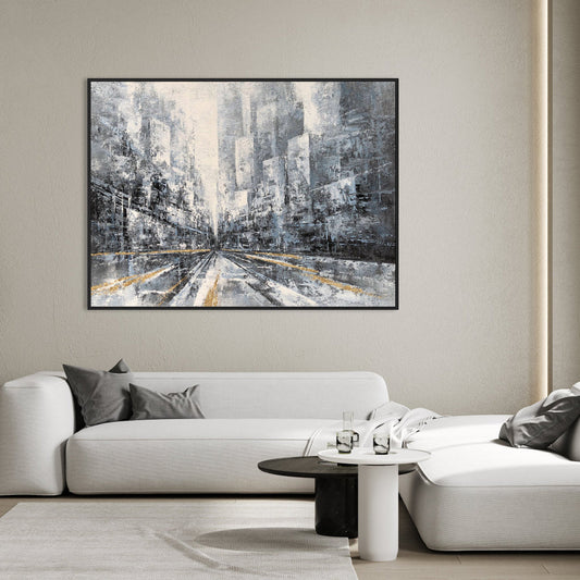 Urban Dreamscape: Modern Abstract Oil Painting of a City Skyline in Gray and Gold