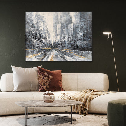 Urban Dreamscape: Modern Abstract Oil Painting of a City Skyline in Gray and Gold