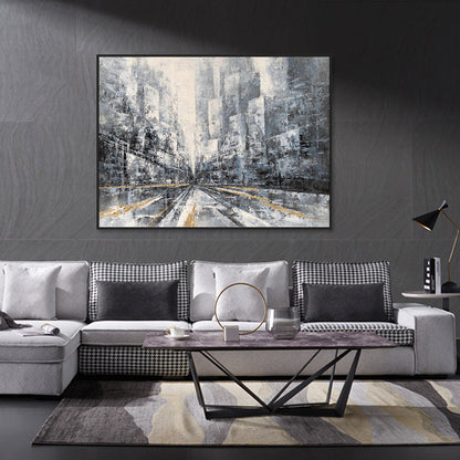 Urban Dreamscape: Modern Abstract Oil Painting of a City Skyline in Gray and Gold