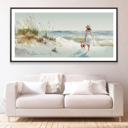 Relaxing Seaside Stroll Canvas Art - Serene Beach Landscape with Dog