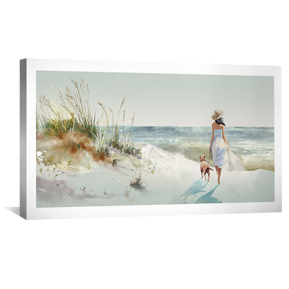 Relaxing Seaside Stroll Canvas Art - Serene Beach Landscape with Dog