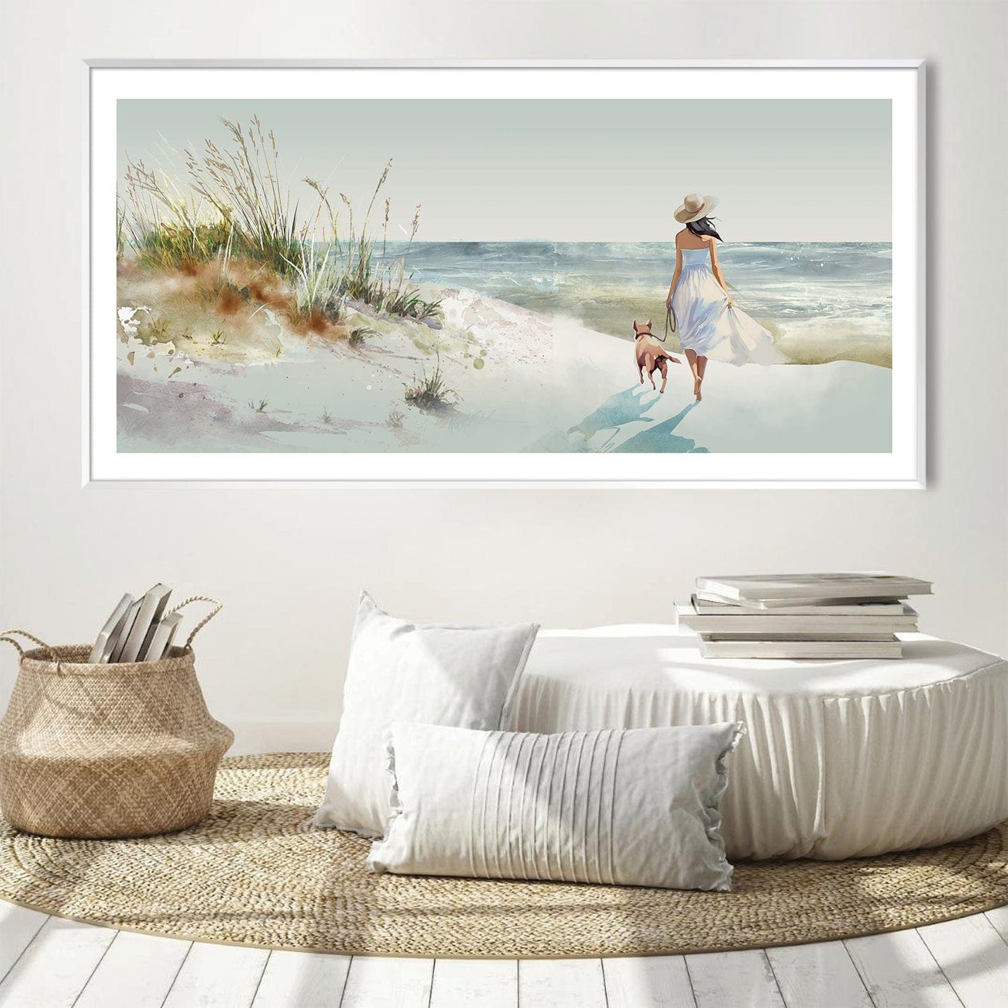 Relaxing Seaside Stroll Canvas Art - Serene Beach Landscape with Dog