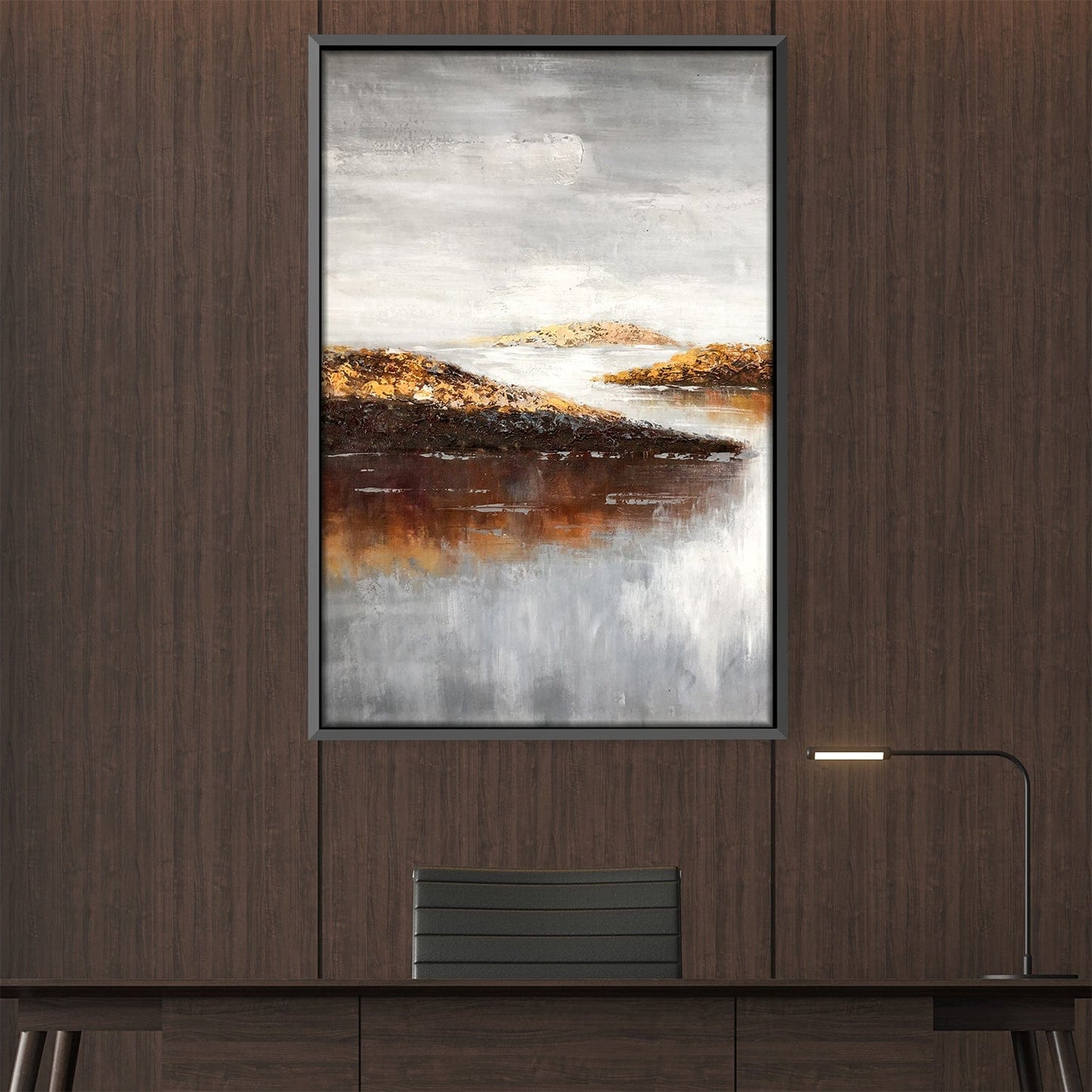 Tranquil Landscape Oil Painting with Serene Water and Gentle Hills