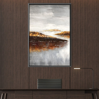 Tranquil Landscape Oil Painting with Serene Water and Gentle Hills