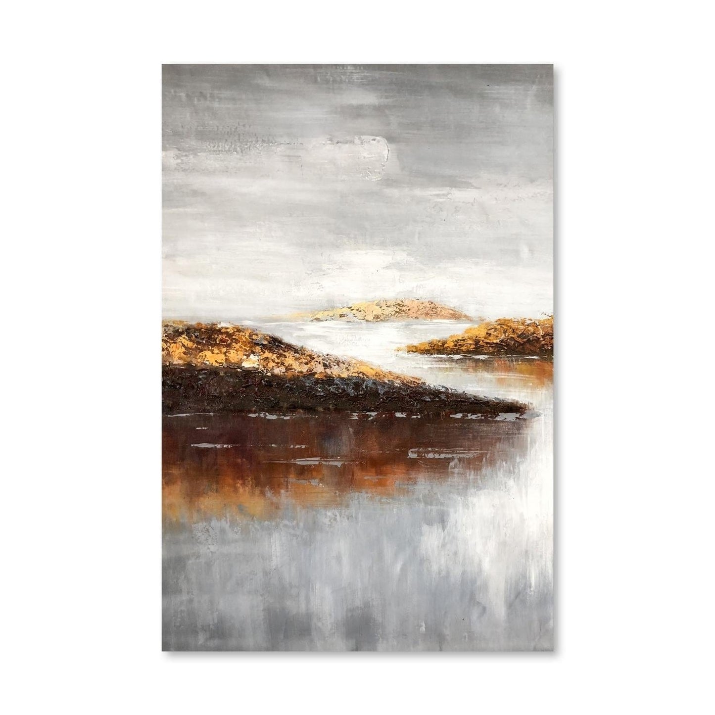 Tranquil Landscape Oil Painting with Serene Water and Gentle Hills