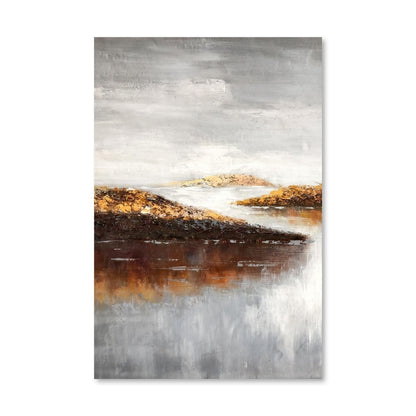 Tranquil Landscape Oil Painting with Serene Water and Gentle Hills