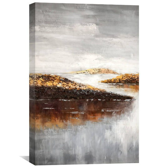 Tranquil Landscape Oil Painting with Serene Water and Gentle Hills
