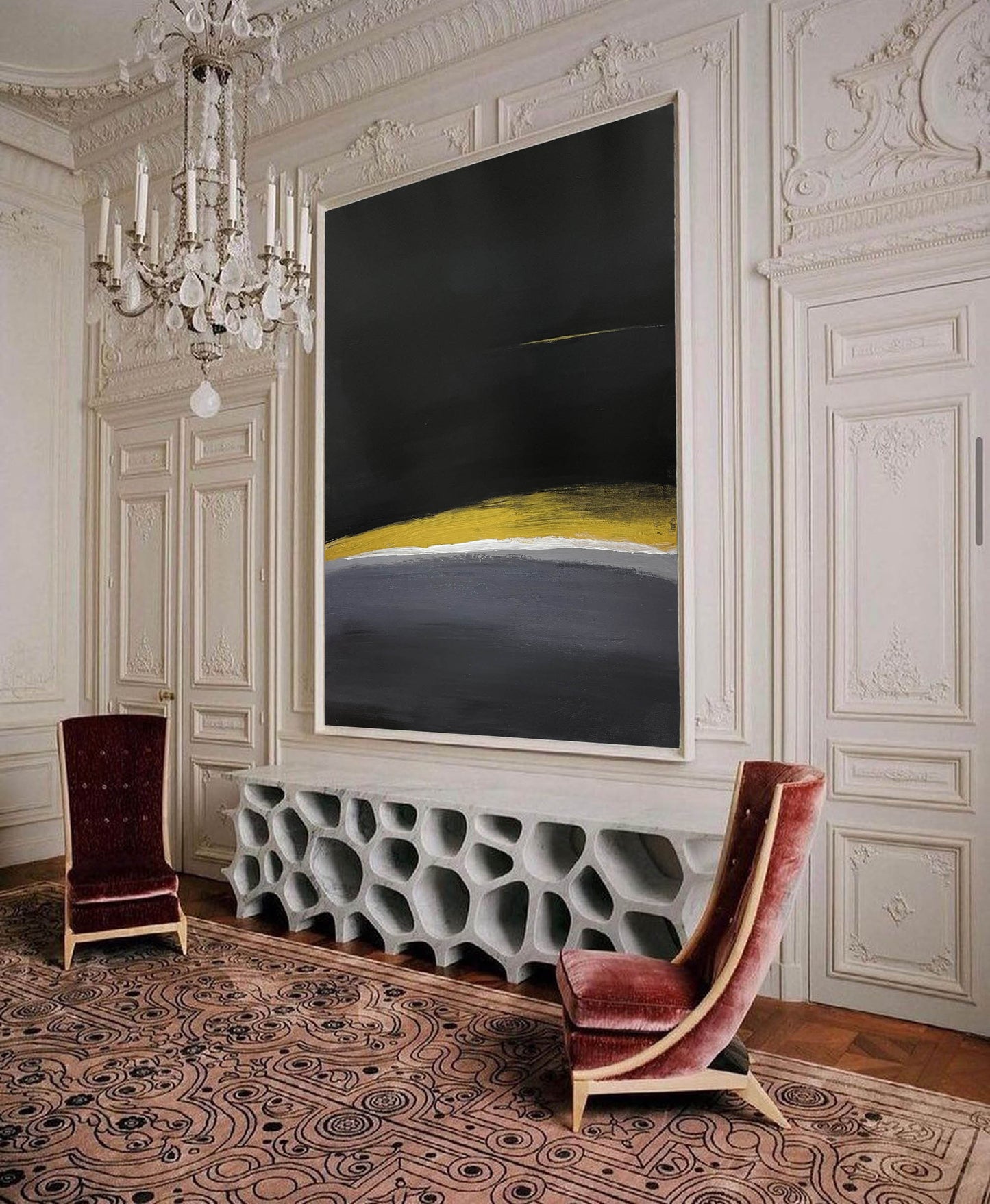 Contemporary Black and Yellow Abstract Oil Painting for Modern Interiors