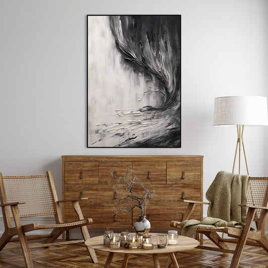 Emotive Abstract Waves in Charcoal and White Oil Painting for Modern Decor