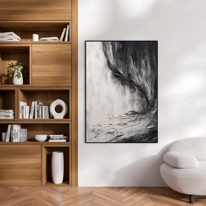Emotive Abstract Waves in Charcoal and White Oil Painting for Modern Decor
