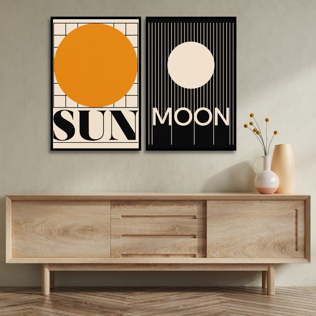 Retro Sun and Moon Oil Painting for Modern Home Decor