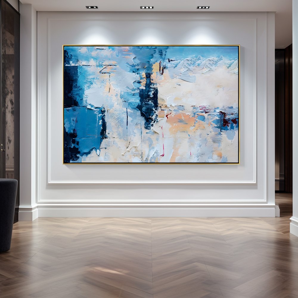 Tranquil Blue Reflections: Abstract Oil Painting for Modern Home Decor