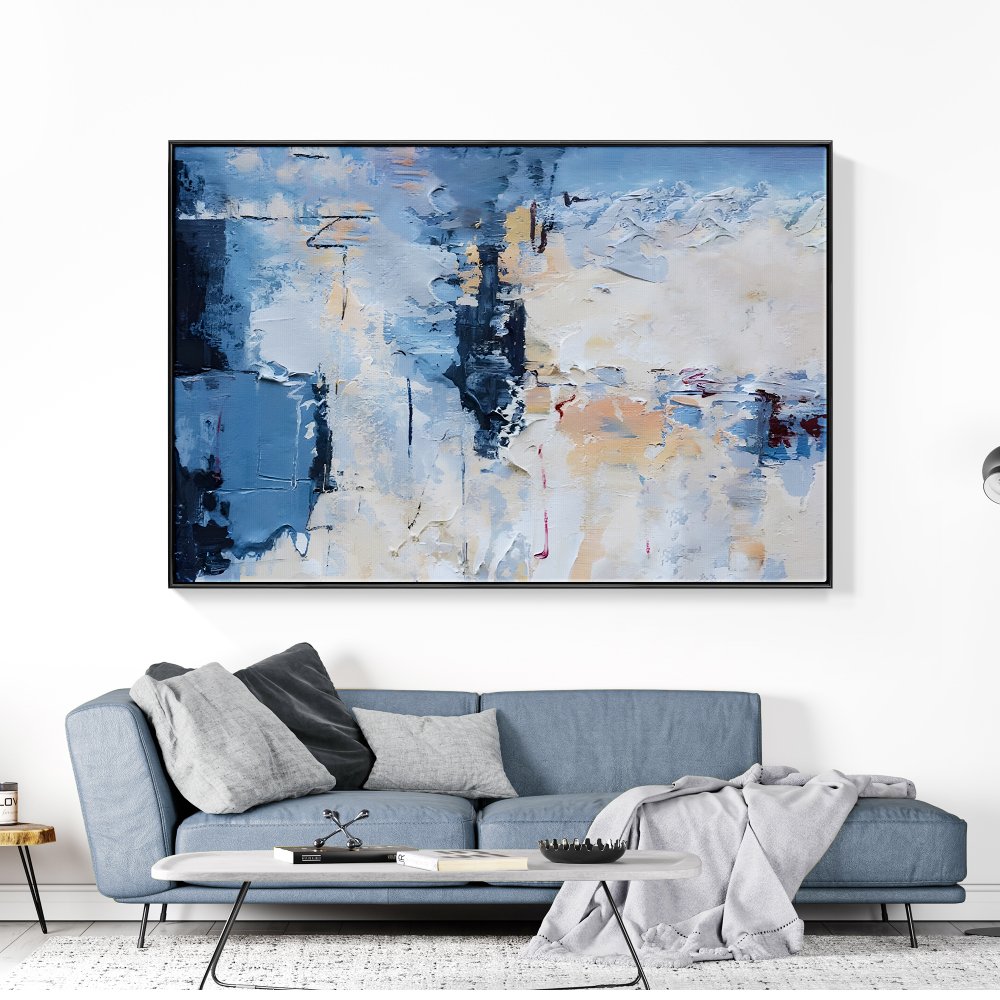 Tranquil Blue Reflections: Abstract Oil Painting for Modern Home Decor