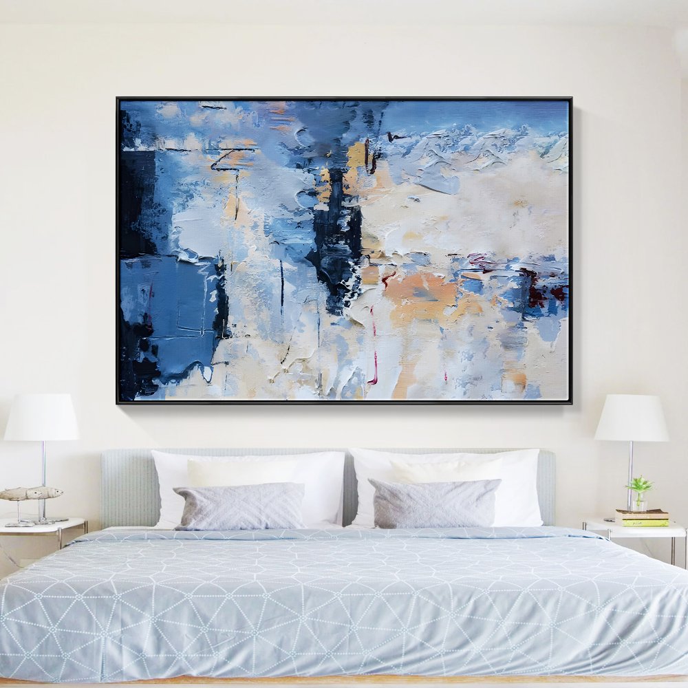 Tranquil Blue Reflections: Abstract Oil Painting for Modern Home Decor